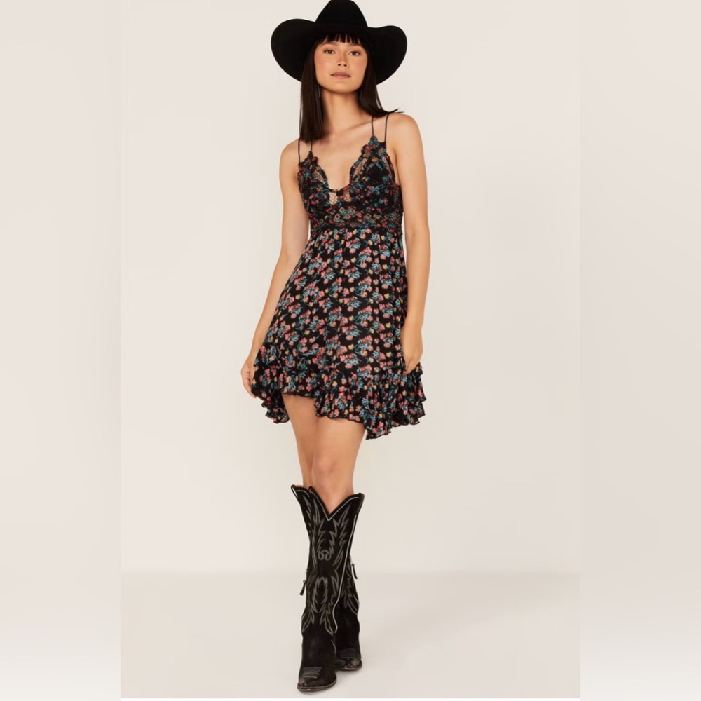 Floral Lace-Trim Black Mini Dress